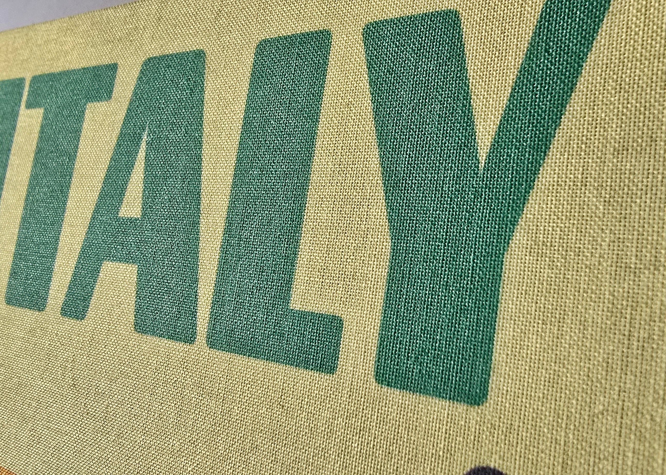 Text 'ITALY' printed on a textured green surface