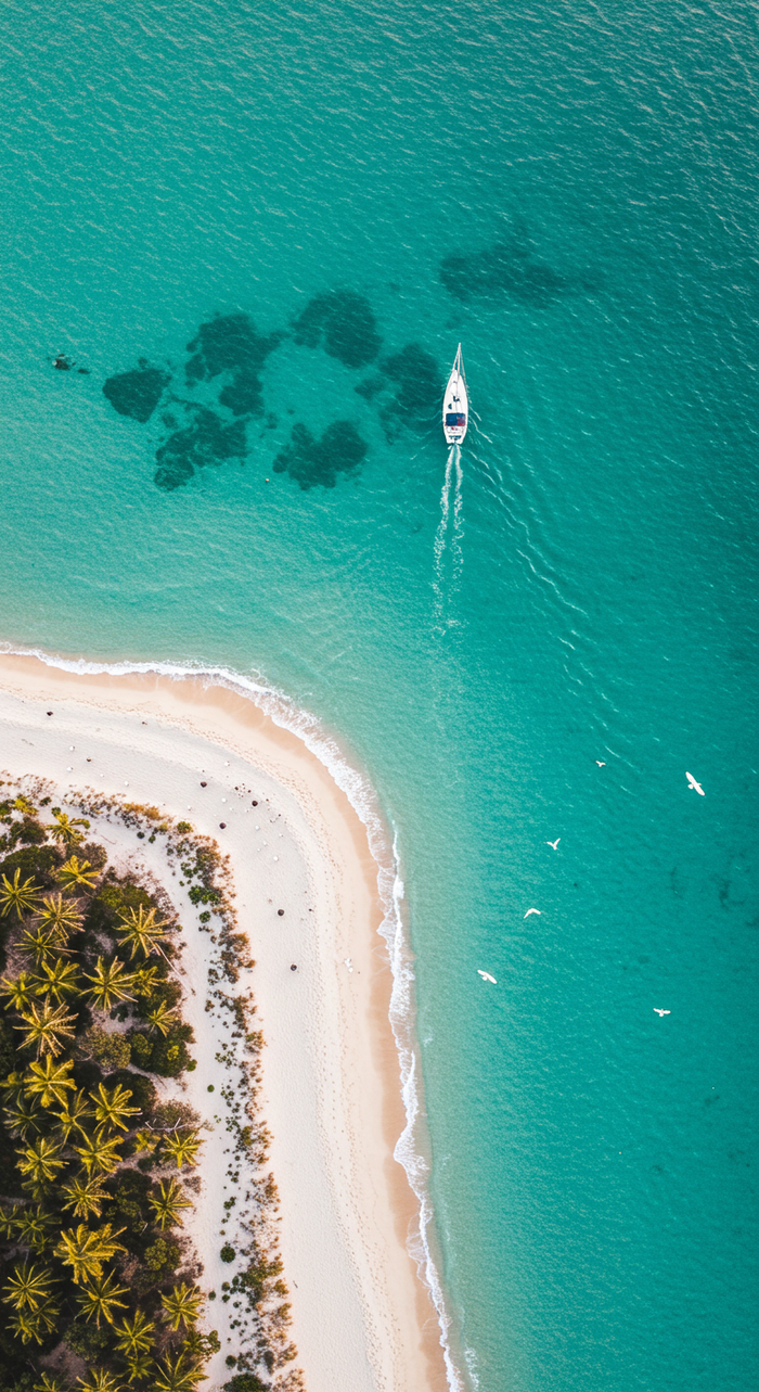 Aerial view of a boat on turquoise water near a sandy beach with palm trees.