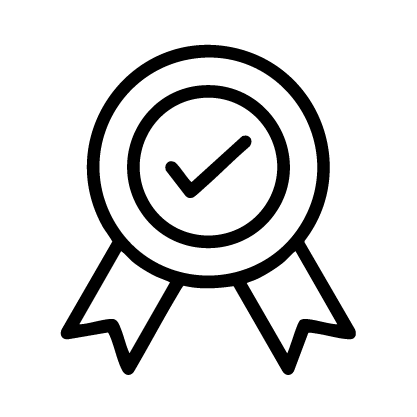 Black and white icon of a ribbon with a check mark