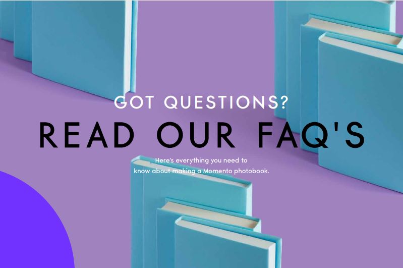 Promotional graphic with blue books on a purple background and text inviting viewers to read FAQs.