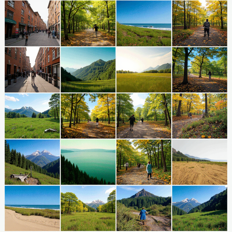 Collage of various outdoor scenes including streets, forests, mountains, and fields.